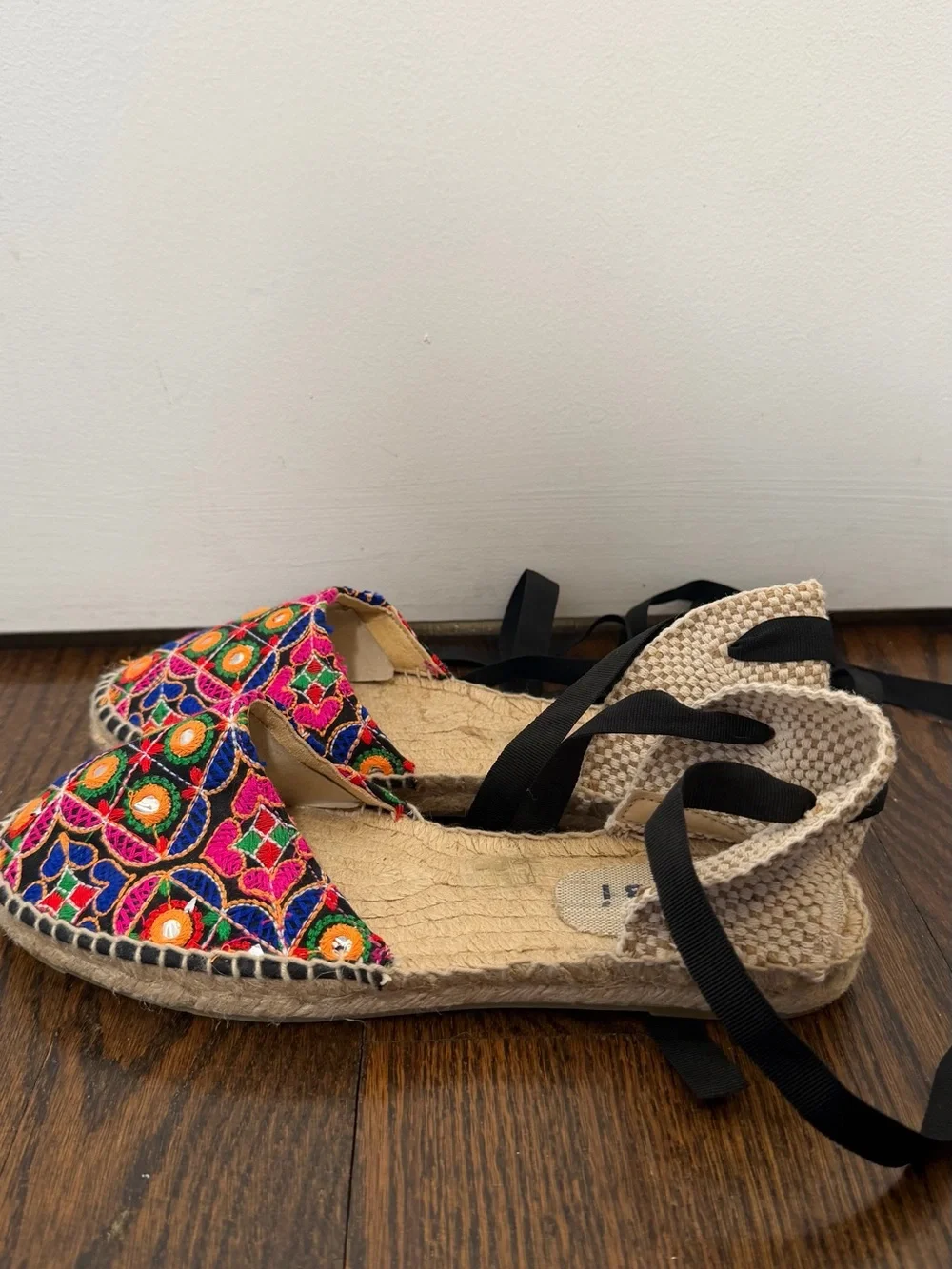 Hand-Embroidered Multicolor Espadrille Flats with Black Ankle Tie